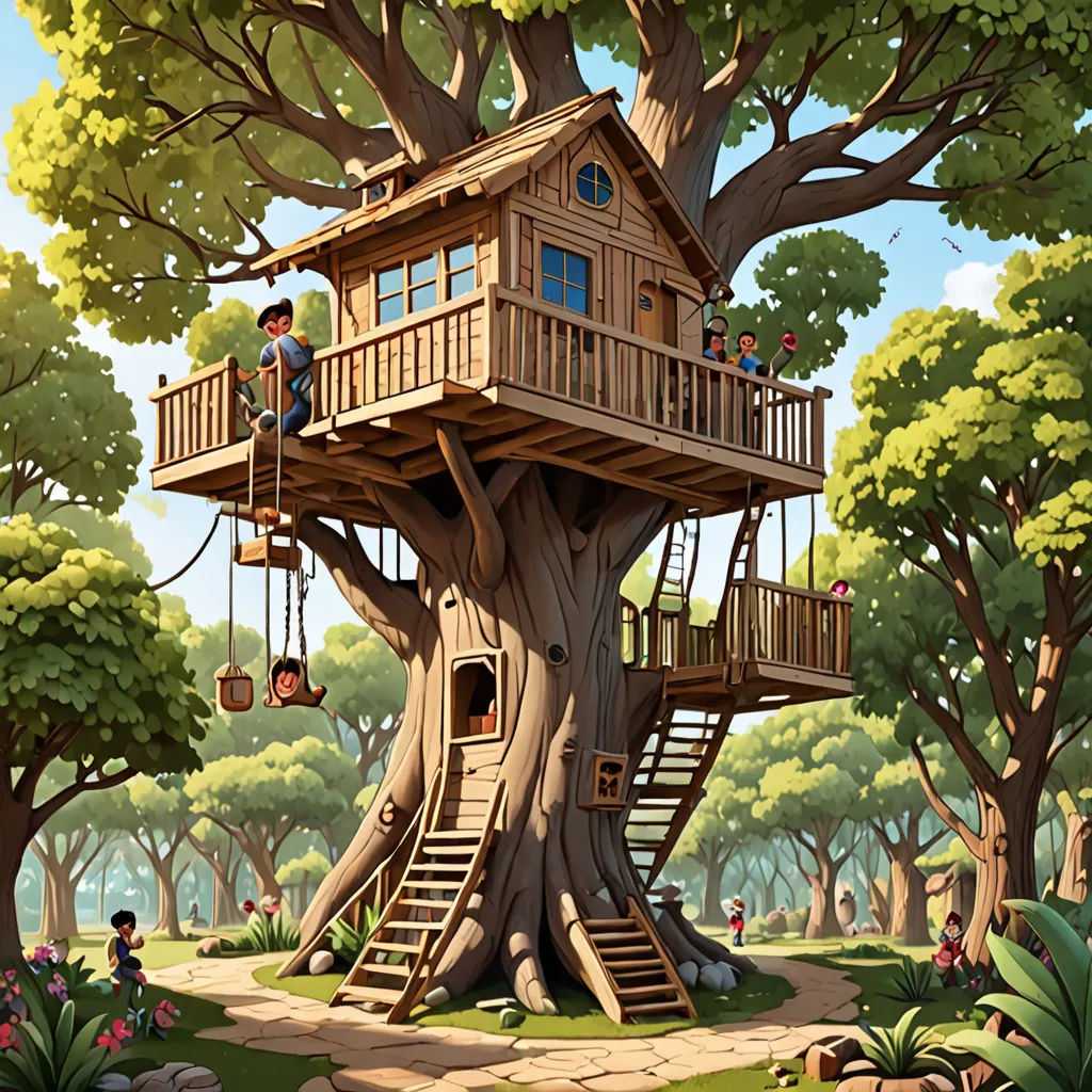 a tree house with a man on the top of it and a ladder to the top of it, in a park, fantasy art, a storybook illustration, Chris LaBrooy, storybook illustration