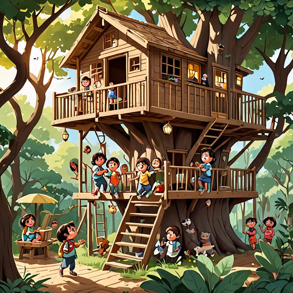 a tree house with children playing in it and a ladder to the top of it, and a ladder to the bottom of the tree, naive art, a storybook illustration, Diego Gisbert Llorens, storybook illustration