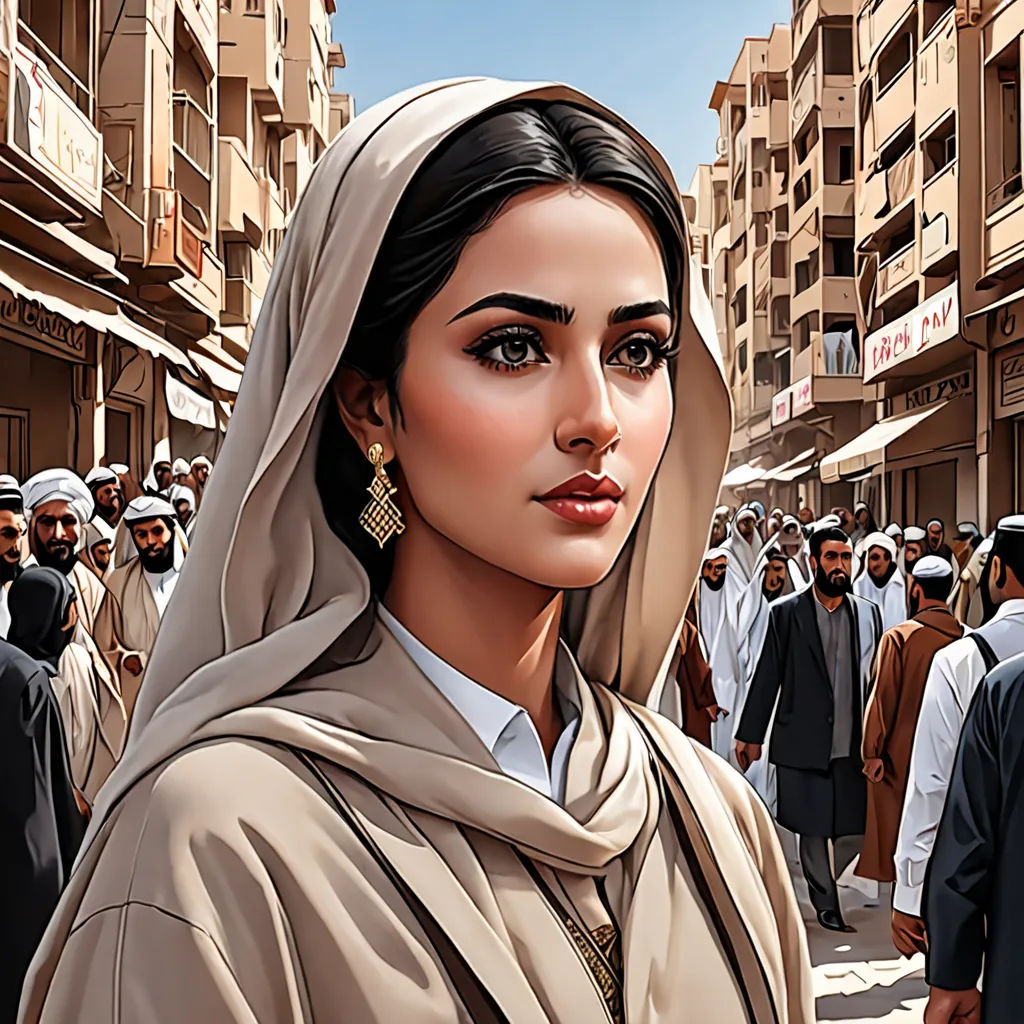 a painting of a woman in a crowd of people in a city street with buildings in the background and a woman in a headscarveil, serial art, a detailed painting, Amir Zand, highly detailed digital painting
