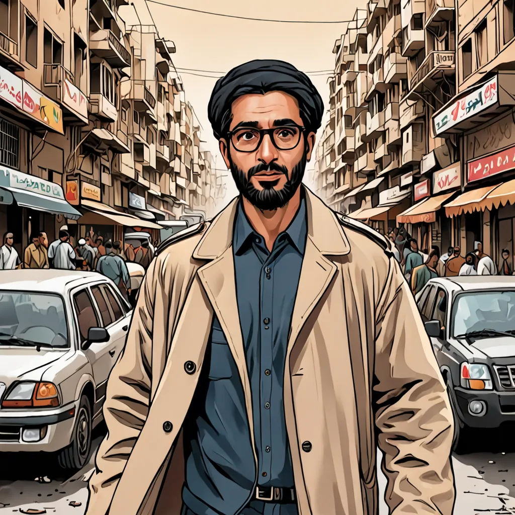 a man in a trench coat is walking down the street in a city with cars and people on the sidewalks, serial art, a character portrait, Asaf Hanuka, graphic novel
