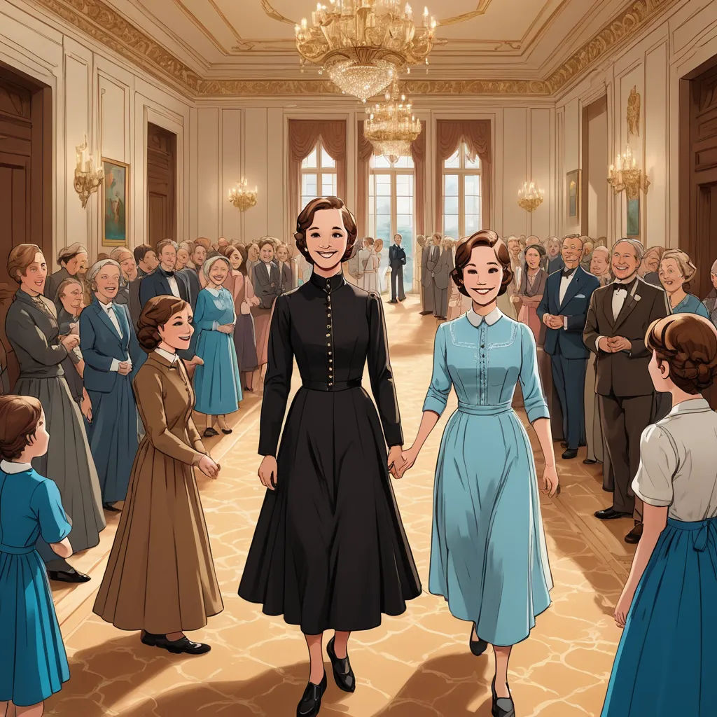 a cartoon of a woman in a blue dress and a woman in a black dress standing in front of a crowd of people, remodernism, a comic book panel, disney, official art