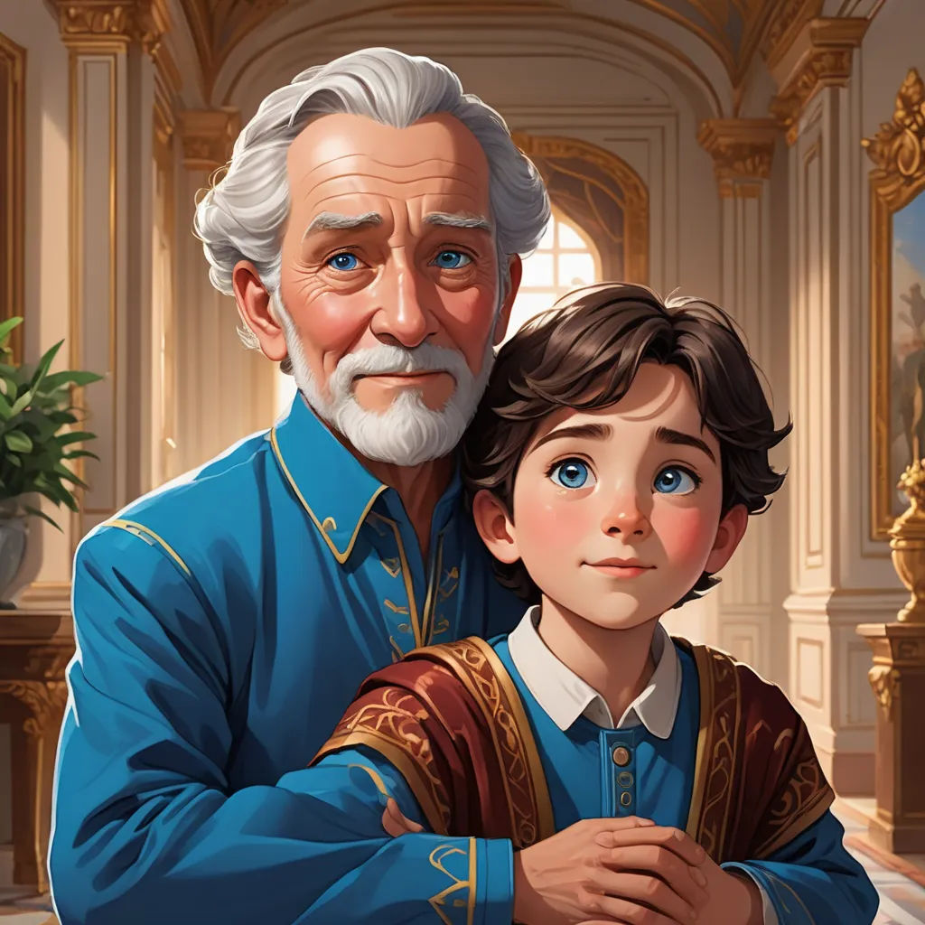 a painting of a man and a boy in a palace setting with a painting of a man in the background, sots art, a storybook illustration, Brothers Hildebrandt, kinkade