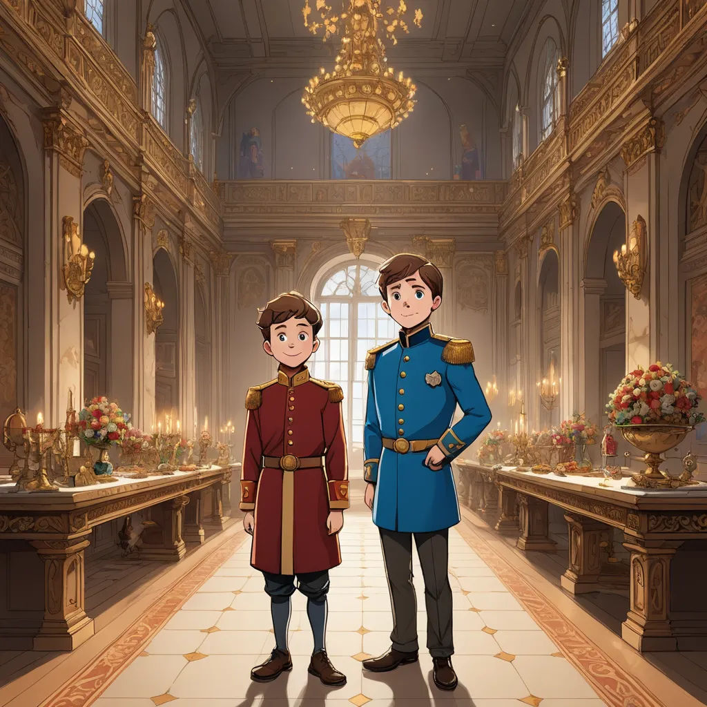 a couple of people standing in a room with a chandelier above them and a chandelier hanging from the ceiling, sots art, concept art, disney, official art
