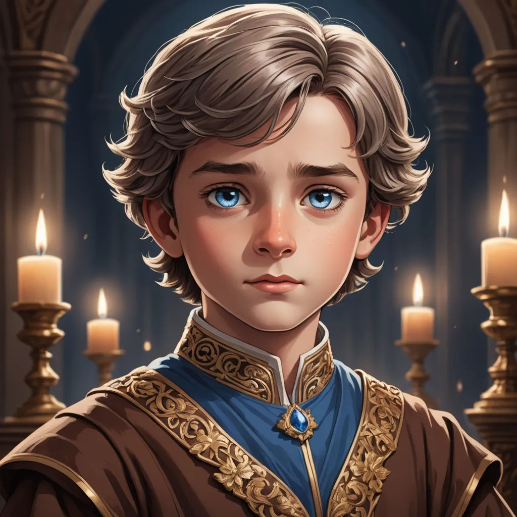 a cartoon character with blue eyes and a brown outfit with a blue collar and gold trimmings, standing in front of a candle lit room, fantasy art, a character portrait, Charlie Bowater, rossdraws global illumination