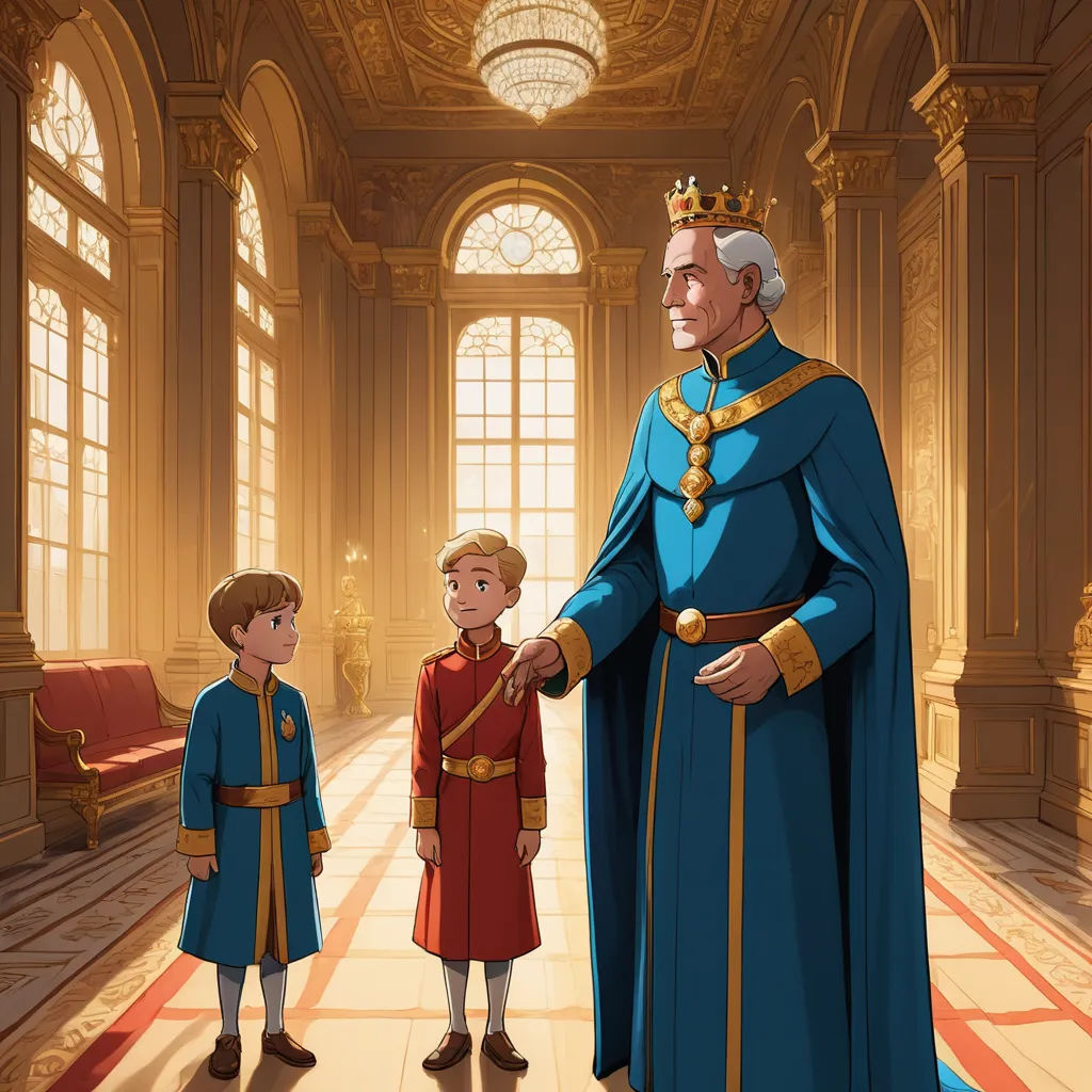 a cartoon of a man in a blue robe shaking hands with a little boy in a red suit and a red cape, sots art, a storybook illustration, Charles Bird King, official art