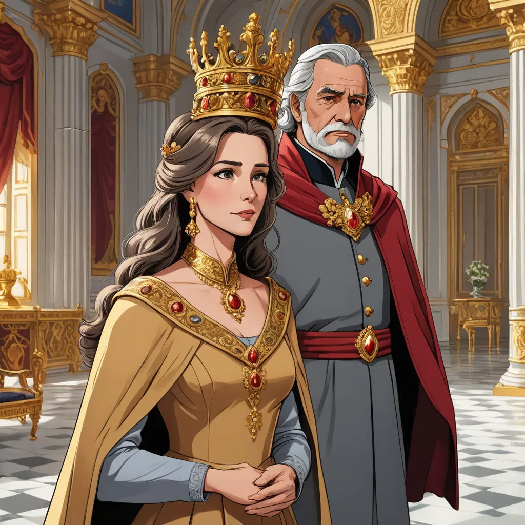 a man and woman in medieval dress standing next to each other in a palace setting with a gold crown, sots art, concept art, Charlie Bowater, official art