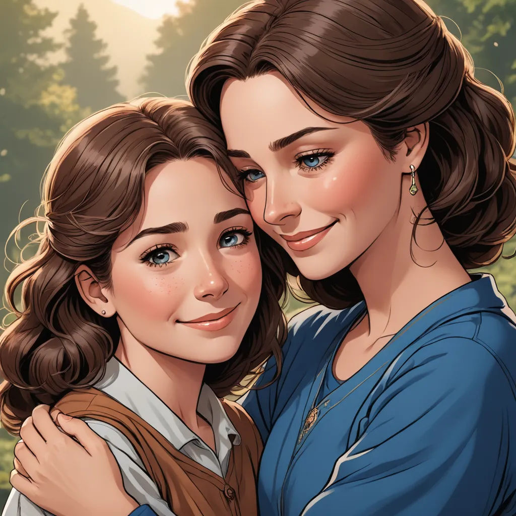 a woman hugging another woman in a park with trees in the background and a sun shining on her face, serial art, a storybook illustration, Anne Said, official art