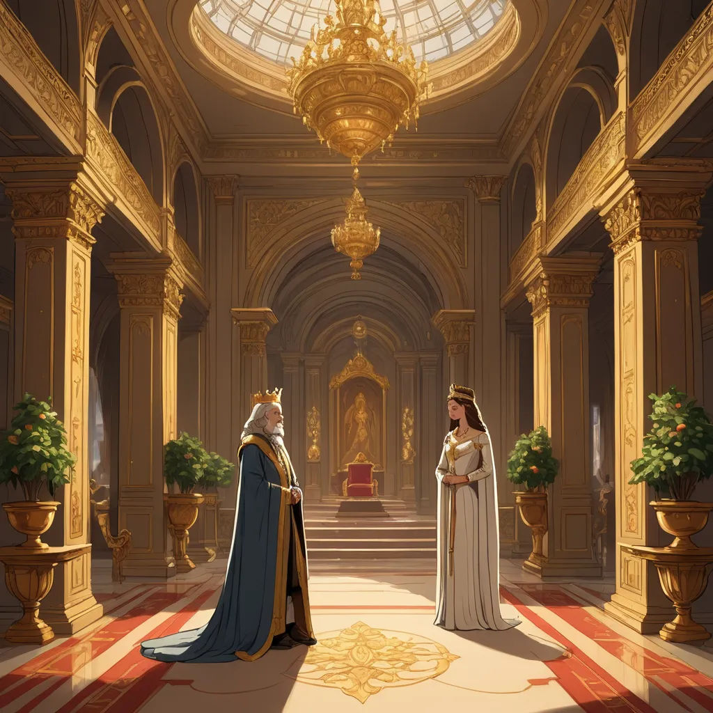 a painting of two women in a palace setting, one wearing a white gown and the other wearing a blue gown, fantasy art, a storybook illustration, Christophe Vacher, rossdraws global illumination