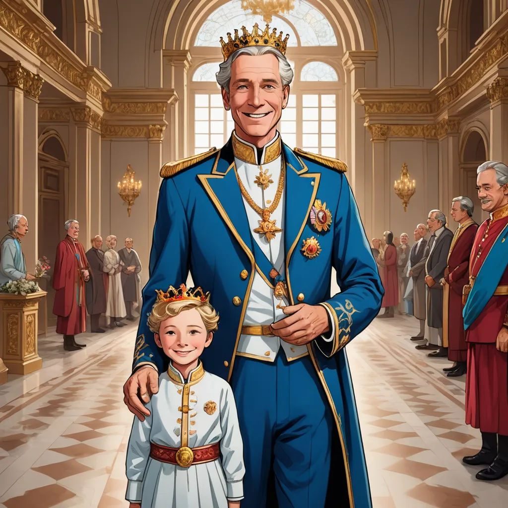 a man in a blue suit and a little girl in a white dress are standing in a hall with a group of people, sots art, a storybook illustration, Charles Bird King, official art