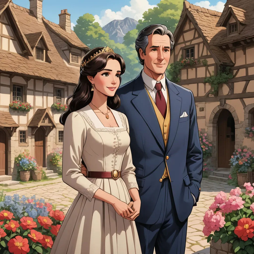 a man and woman standing in front of a house with flowers in the foreground and a mountain in the background, sots art, a storybook illustration, Brothers Hildebrandt, official art