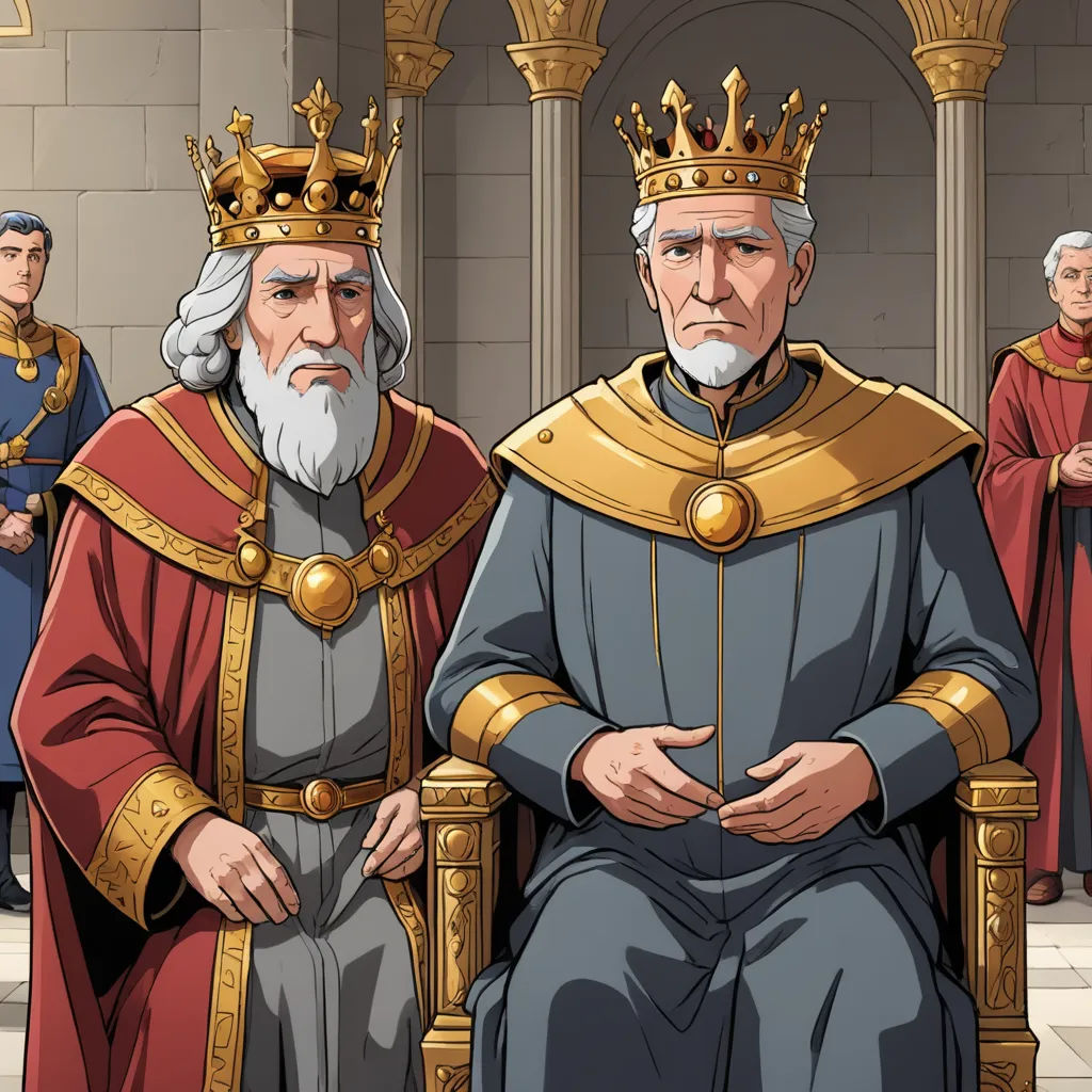 a cartoon of two men in medieval dress and a crown on their heads, standing in front of a group of other men, sots art, a comic book panel, Brothers Hildebrandt, game of thrones