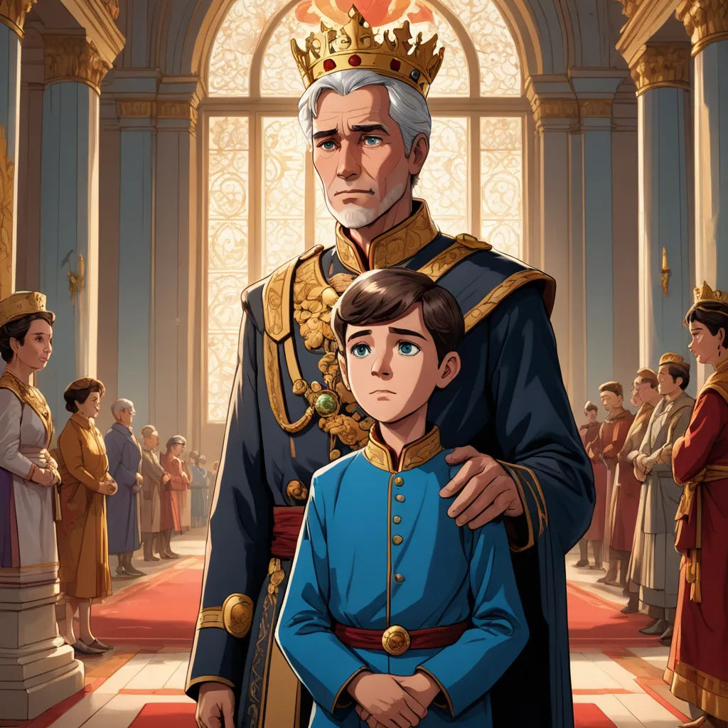 a man and a child in a palace setting with a crowd of people in the background, and a man in a blue suit and crown, sots art, a storybook illustration, Charles Bird King, rossdraws global illumination