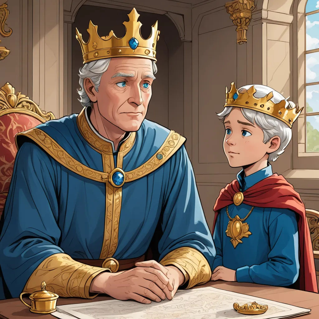 a man in a blue suit and a woman in a gold crown sitting at a table with a book, sots art, a storybook illustration, Brothers Hildebrandt, storybook illustration