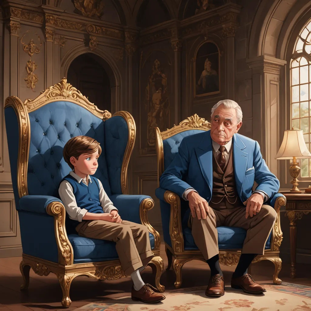 a painting of a man and a boy sitting in chairs in a room with a window and a rug, sots art, a storybook illustration, Brothers Hildebrandt, official art