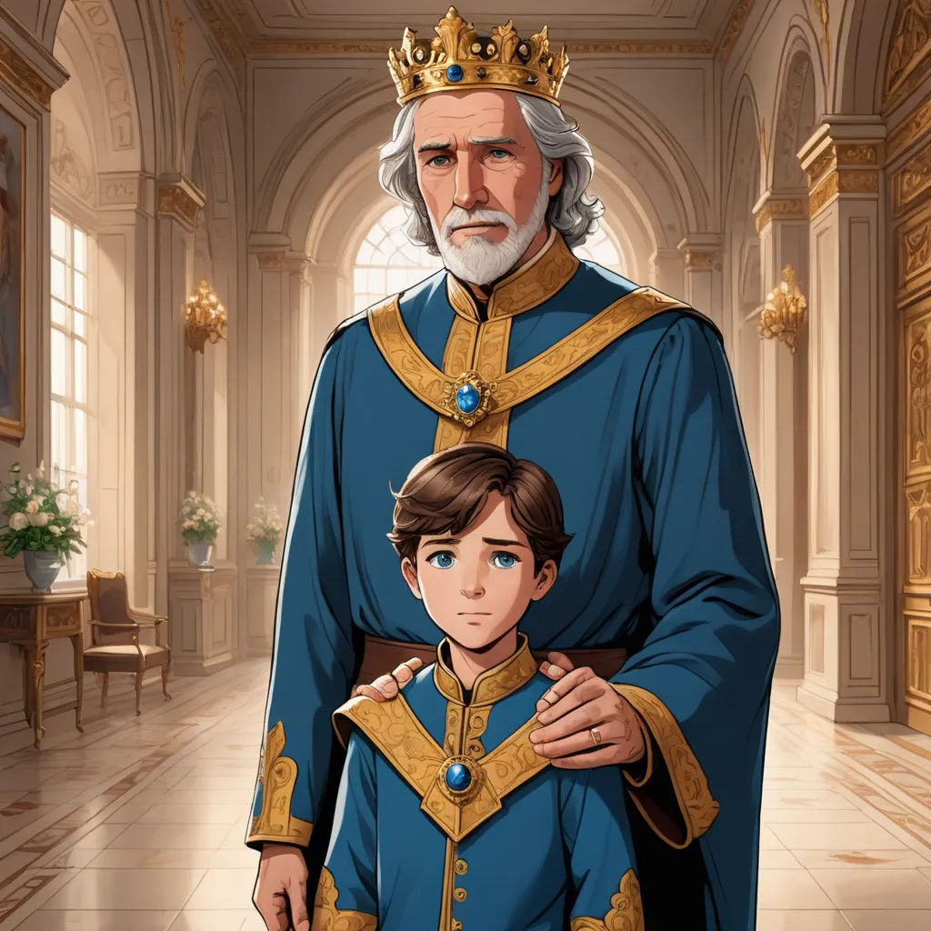 a man in a blue suit and a woman in a gold dress are standing in a hallway with a large doorway, sots art, a storybook illustration, Charles Bird King, official art