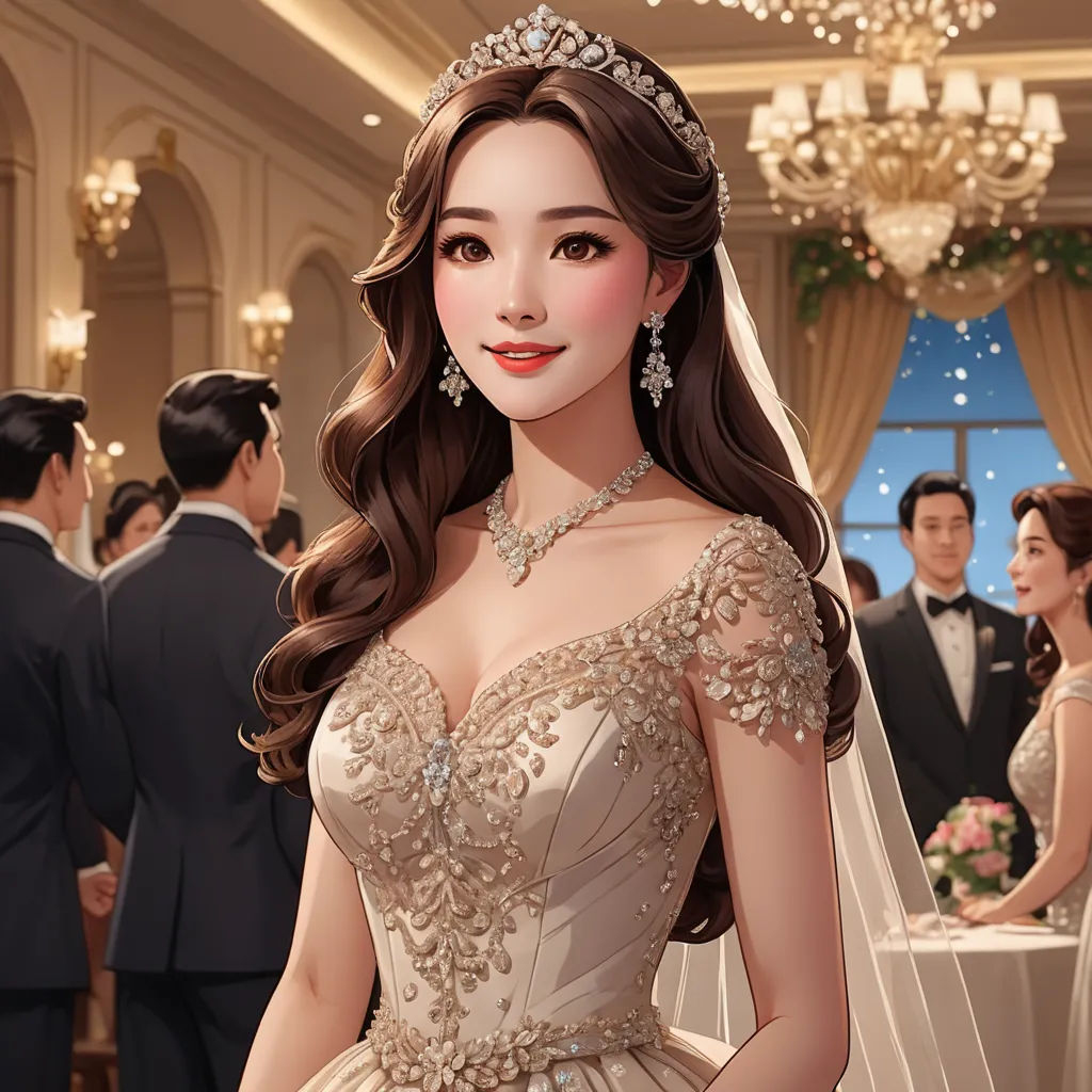 a woman in a wedding dress standing in front of a crowd of people in formal wear and jewelry,, fantasy art, a detailed drawing, Chen Hong, beautiful detailed