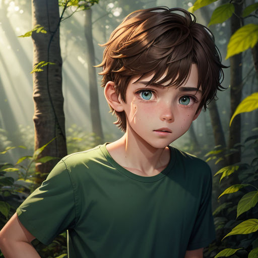 a boy in a green shirt standing in a forest with a light shining through the trees behind him and a forest background