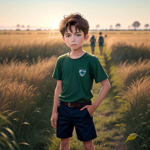 a young boy standing in a field of tall grass with his hands on his hips and his hands on his hips