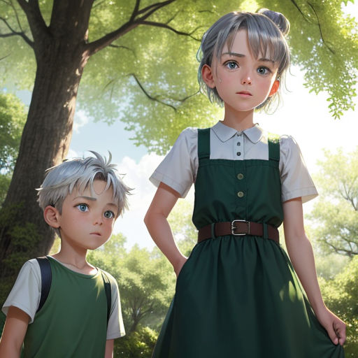 a couple of kids standing next to each other in a forest with trees in the background and a sky background
