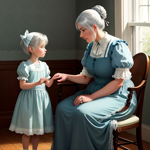 a woman sitting next to a little girl in a blue dress on a chair in a room with a window