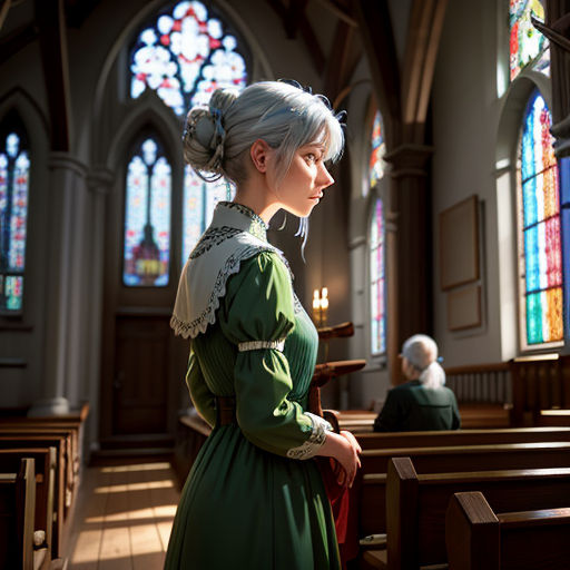 a woman in a green dress standing in a church with stained glass windows behind her and a person in the background