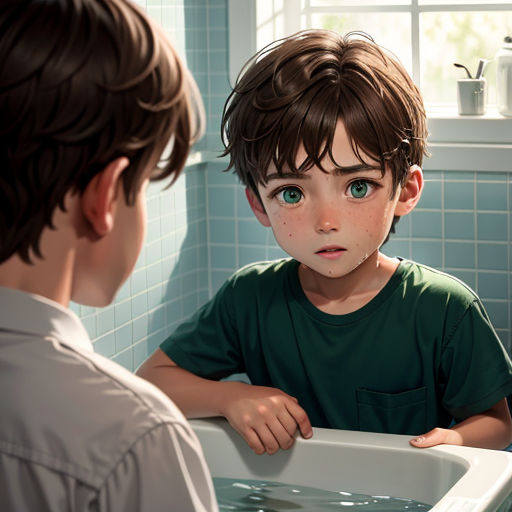 a boy looks at a boy in a sink in a bathroom with blue tiles on the walls and a window