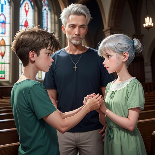 a man and two children standing in front of a church alter with a priest in the background holding hands