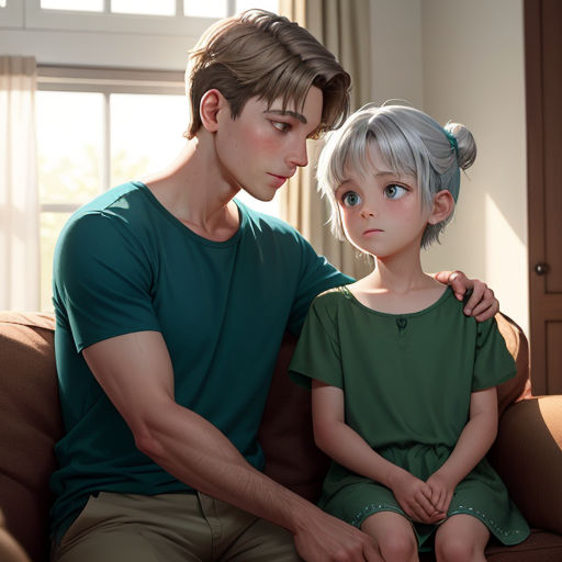 a man and a little girl sitting on a couch together, looking at each other's eyes, with a window in the background
