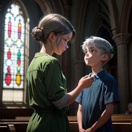 a young boy and a young girl standing in front of a stained glass window in a church together,