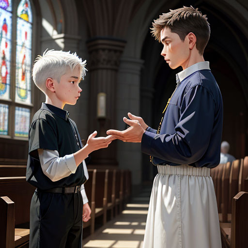 a boy in a priest's outfit is giving a boy a hand shake in a church with stained glass windows