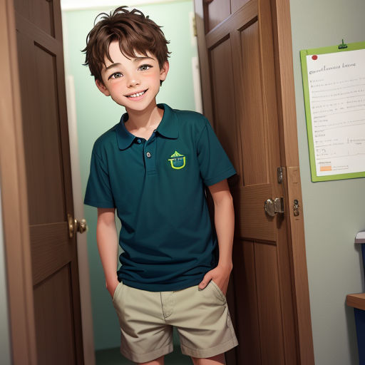 a young boy standing in a doorway with his hands on his hips and smiling at the camera, with a green shirt on
