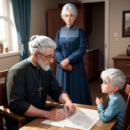 a man and a boy are sitting at a table with a priest in the background and a woman standing behind them