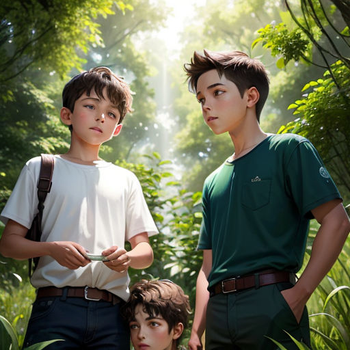 a group of young boys standing next to each other in a forest with a sun shining through the trees