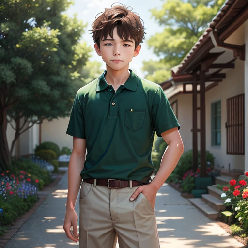 a young boy standing in front of a house with his hands on his hips and his hands on his hips