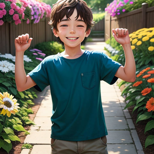 a young boy standing in front of a flower garden with his arms up in the air and smiling at the camera