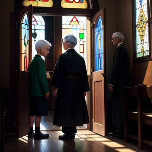 a couple of men standing in front of a church door with stained glass windows behind them and a priest standing in front of them
