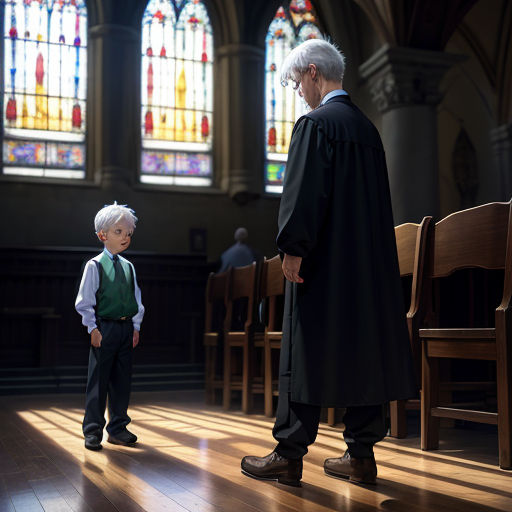 a little boy standing next to a priest in a church with stained glass windows behind him and a little boy standing in front of him