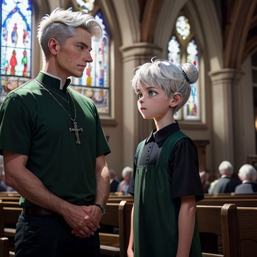 a man and a woman standing in front of a church pews with stained glass windows behind them and a priest in the background