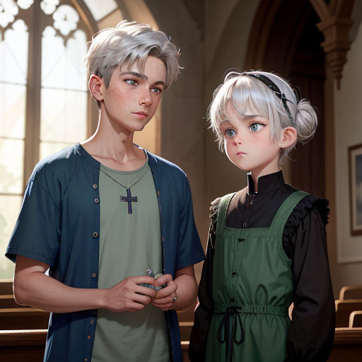 a boy and a girl standing in a church together, looking at something on the ground in front of them