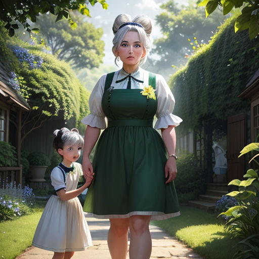 a woman and a child are walking down a path in a garden with a house in the background and a green dress
