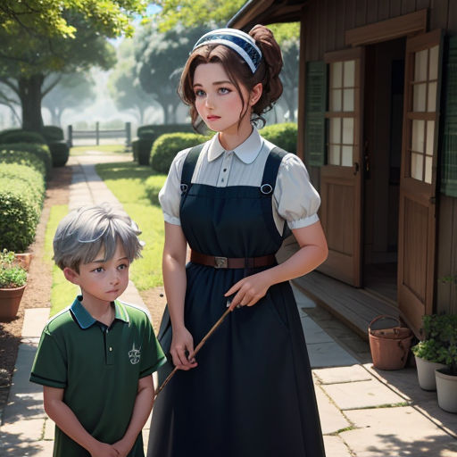 a woman and a boy standing in front of a house with a stick in their hand and a house in the background