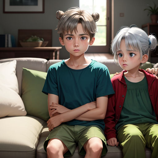 two children sitting on a couch with their arms crossed and their eyes closed, with their arms crossed, looking at the camera