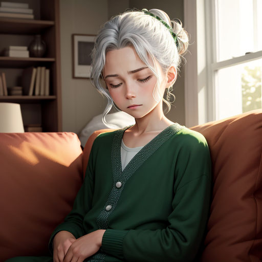 a woman sitting on a couch with her eyes closed and her hair in a bun is curled up in a bun