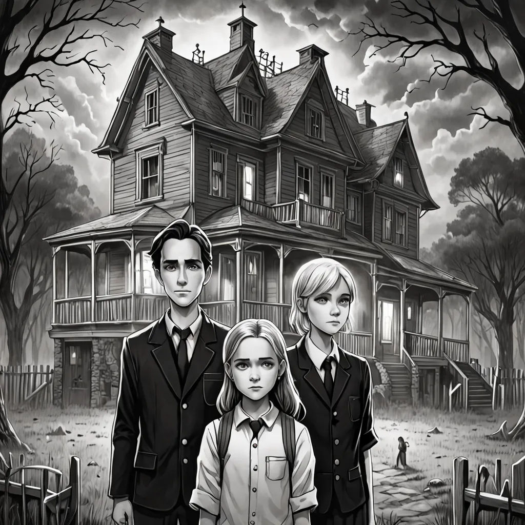 a family standing in front of a creepy house with a ghost in the background and a full moon in the sky, gothic art, a storybook illustration, Diego Gisbert Llorens, promotional image