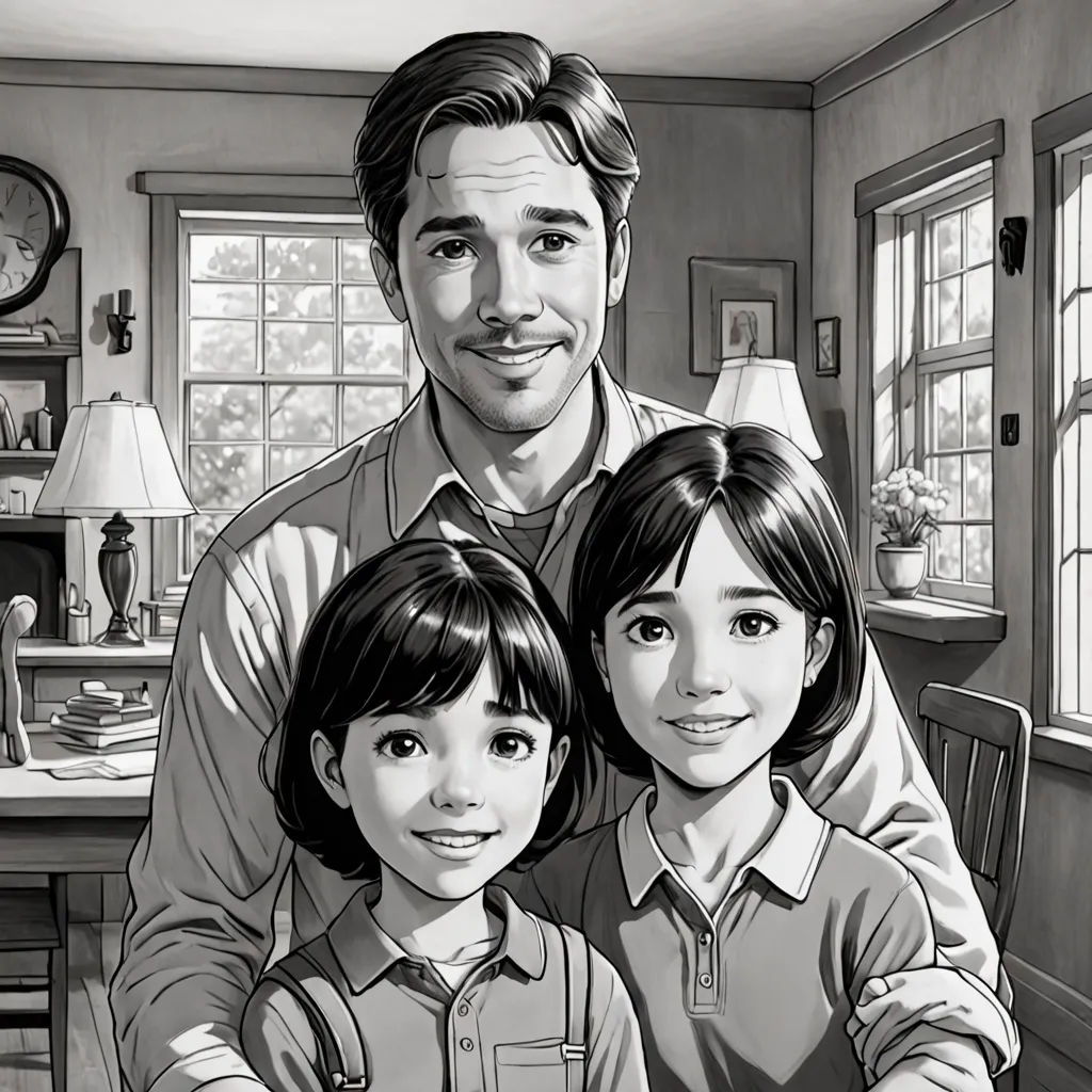 a man and two children are standing in a kitchen with a table and a clock on the wall behind them, american scene painting, a storybook illustration, F. Scott Hess, yukito kishiro