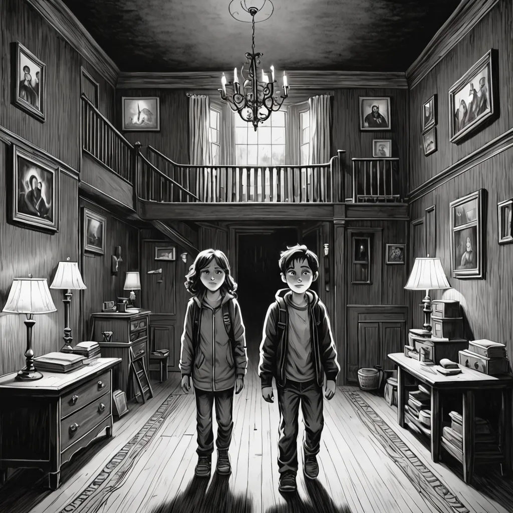 a black and white drawing of two children in a room with a chandelier and a staircase leading to a second floor, international gothic, a storybook illustration, Craig Davison, official art