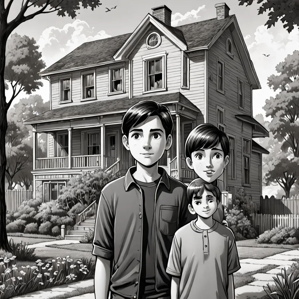 a man and a woman standing in front of a house with a boy standing next to them in front of a tree, fantastic realism, a storybook illustration, Adam Dario Keel, promotional image