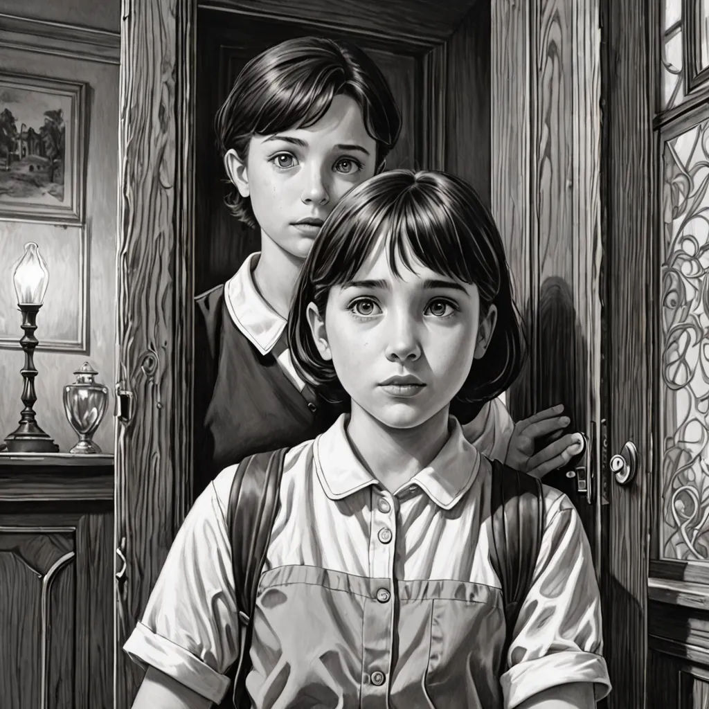 a black and white drawing of two girls in a room with a door open and a lamp on the wall, fantastic realism, an ultrafine detailed painting, F Scott Hess, graphic novel