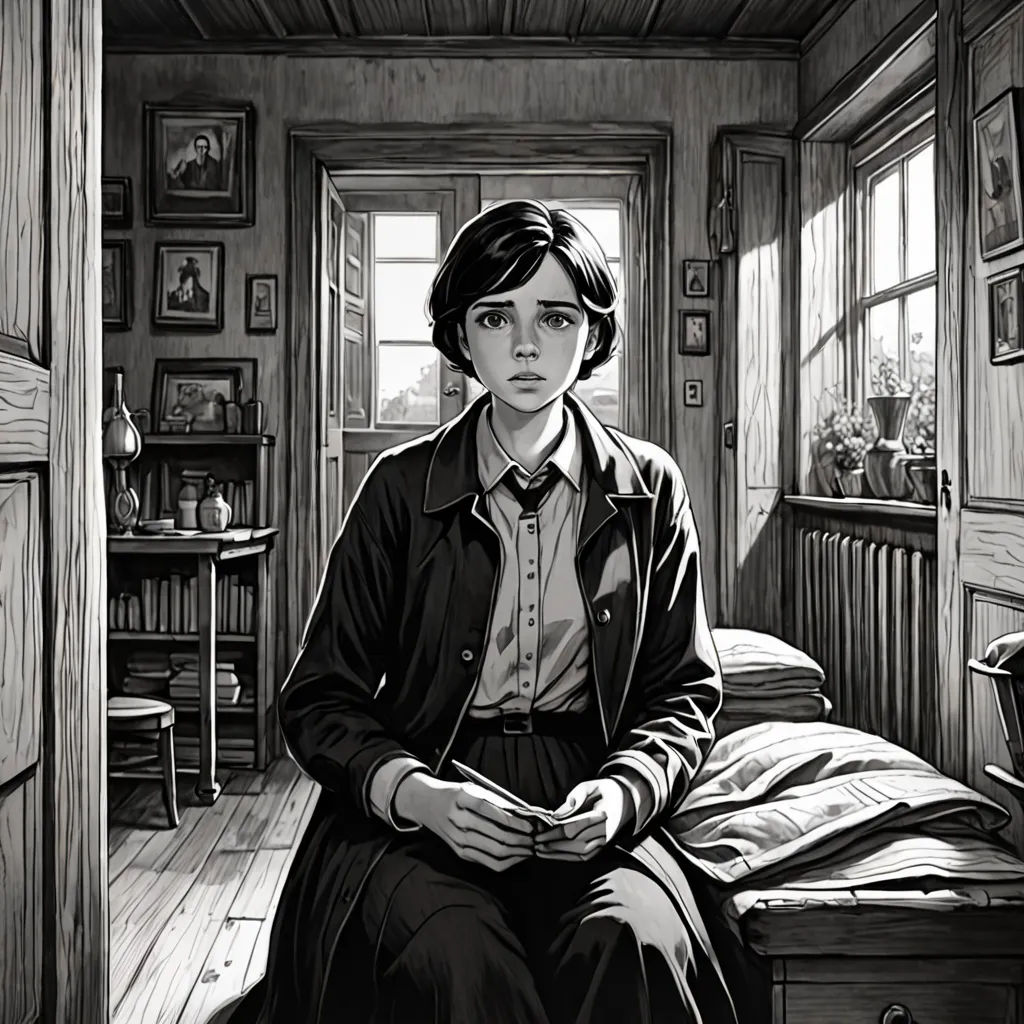 a woman sitting on a bed in a room with a window and a bookcase on the wall and a bed in the corner, fantastic realism, a comic book panel, Elisabeth Collins, graphic novel