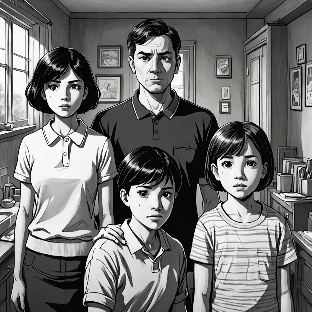 a family standing in a kitchen in a cartoon style, with a man standing behind them and a woman standing behind them, serial art, a comic book panel, David Park, comic cover art